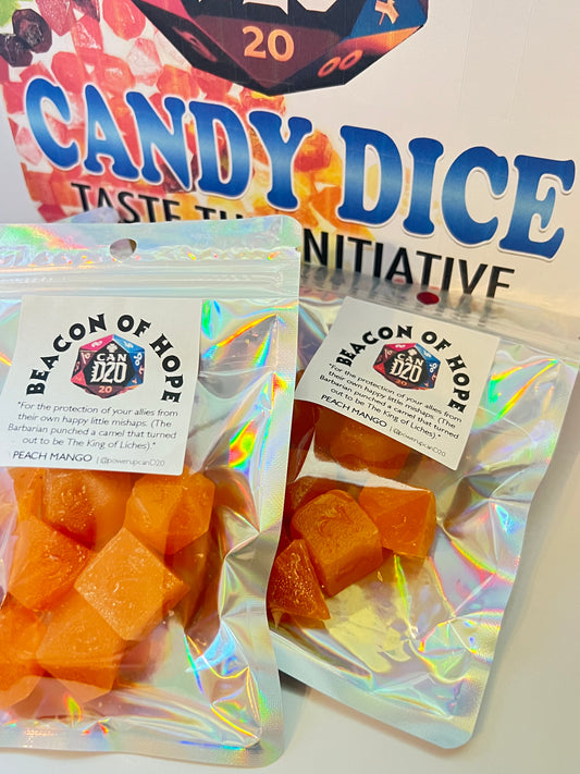 D&D TTRPG Dice Candy, Peach Mango Flavor Hard Candy Dice Candy "BEACON OF HOPE"