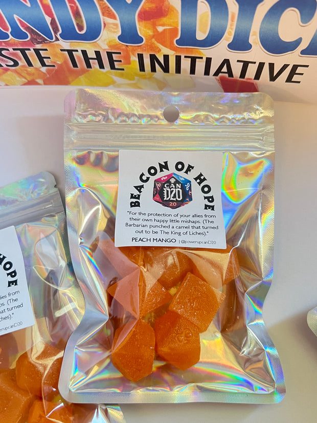 Peach Mango | "BEACON OF HOPE" | DnD TTRPG Dice Candy, Peach Mango Flavor Hard Candy Dice Candy